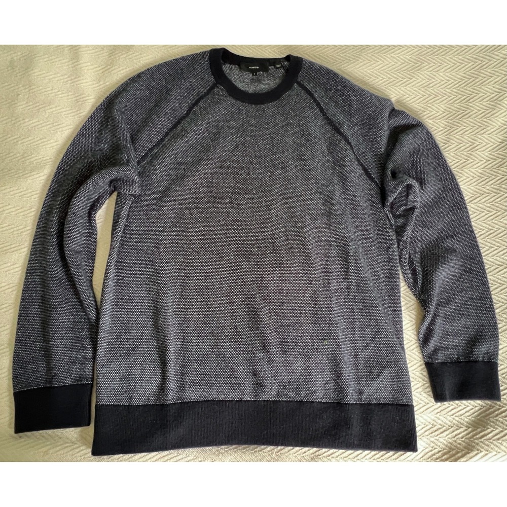 Vince Mens Wool Cashmere Birdseye Knit Raglan Crewneck Sweater Navy White Size M